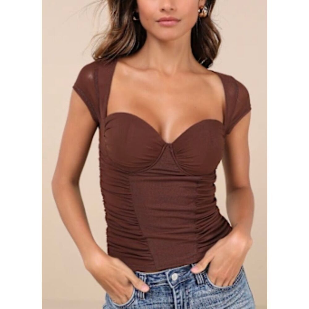 Lulu's Brown Sweetheart Ruched Cap Sleeve Top